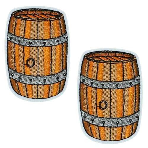 2 x Holzfass zum Aufbügeln – 7 x 4,5 cm besticktes Piraten-Fass-Design – rustikale Applikation für Jacken, Westen, Taschen, Kostüme und Bastelarbeiten von Panda Loco