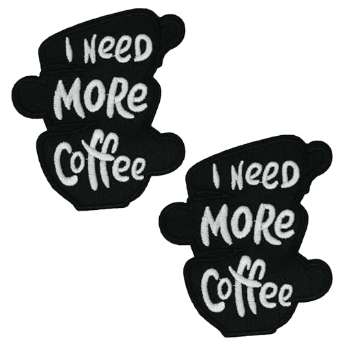 2 x "I Need More Coffee"-Aufnäher, lustig, bestickt, zum Aufbügeln, im gestapelten Kaffeetassen-Design, für Jacken, Taschen und Barista-Geschenke (9 x 6 cm) von Panda Loco