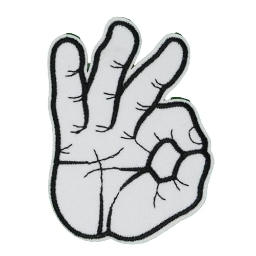 2 x Okay-Handzeichen-Aufnäher – Gestenabzeichen zum Aufbügeln (8 x 6 cm), lustiges Cartoon-Handsymbol für Jacken, Taschen, Denim, Uniformen und Geschenke von Panda Loco