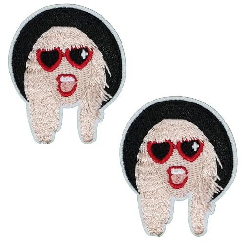 2 x Pop Star Aufnäher zum Aufbügeln, 6 x 7 cm, bestickte Ikone mit roter Sonnenbrille und Hut, Musik-inspirierte Mode-Applikation für Jacken, Denim, Taschen und DIY-Kleidung von Panda Loco