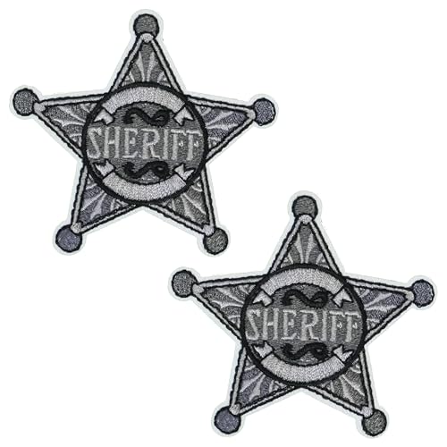 2 x Sheriff-Abzeichen zum Aufbügeln, 8 x 8 cm, silberner Stern, bestickt, Westernapplikation, Strafverfolgungsstil, für Jacken, Kostüme, Taschen, DIY & Cosplay 2 x Sheriff-Abzeichen zum Aufbügeln, 8 x 8 cm, silberner Stern, bestickt, Westernapplikation, Strafverfolgungsstil, für Jacken, Kostüme, Taschen, DIY & Cosplay von Panda Loco