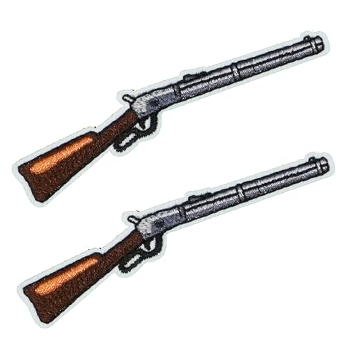 2 x Shotgun Winchester Gewehr bestickter Aufnäher – Wilder Westen Aufbügler Applikation (8 x 2 cm) – Vintage Cowboy Feuerwaffe Patch für Jacken, Westen, Taschen & Handwerk von Panda Loco