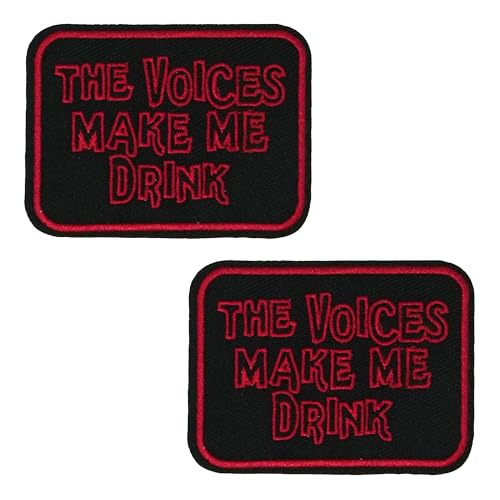 2 x The Voices Make Me Drink Aufnäher – humorvolles besticktes Abzeichen zum Aufbügeln in Schwarz & Rot (7 x 5 cm) – lustiger Biker, Bar oder Jacke Patch für Erwachsene von Panda Loco