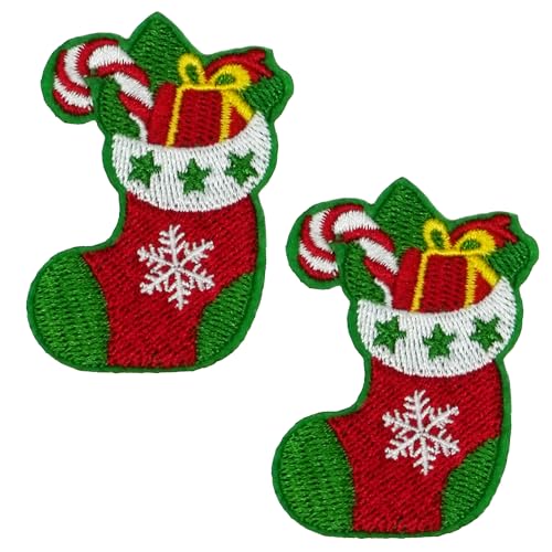 2 x Weihnachtsstrumpf-Aufnäher – festlich bestickte Bügelapplikation mit Zuckerstange und Geschenkdetail (5,5 x 3,5 cm) von Panda Loco