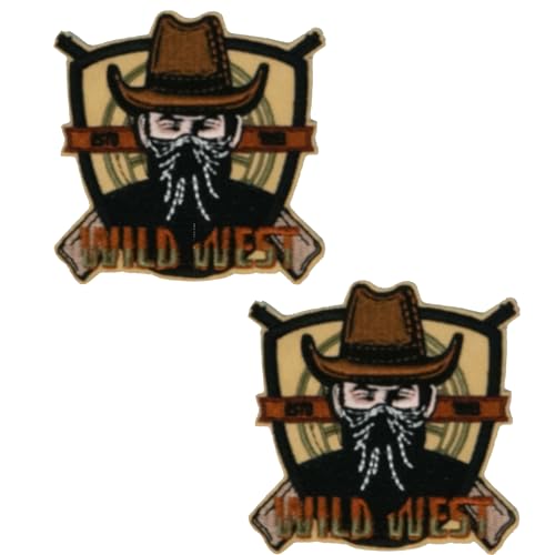 2 x Wild West Bandit Aufnäher zum Aufbügeln – Cowboyhut & Bart-Outlaw Design (7 x 7 cm) – bestickte Applikation für Jacken, Westen, Denim, Rucksäcke & DIY-Mode von Panda Loco