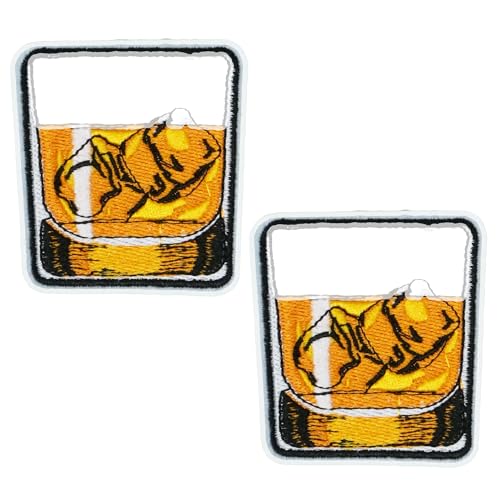 2 x bestickter Aufnäher mit Glas Whisky mit Eis, zum Aufbügeln, Alkohol-Thema, 6 x 6 cm von Panda Loco