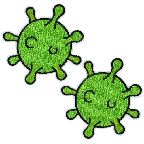 2 x grüner Keimvirus Patch – lustige bestickte Applikation zum Aufbügeln (8 x 7 cm), niedliches Cartoon-Bakterien-Abzeichen für Jacken, Taschen, Laborkittel, Kinderhandwerk und witzige DIY-Projekte von Panda Loco
