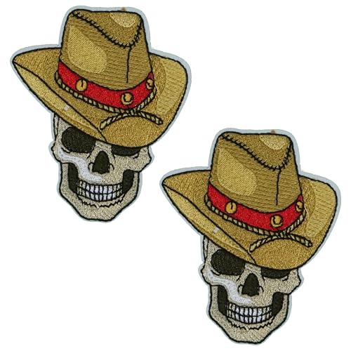 Aufnäher zum Aufbügeln, Motiv: Totenkopf, Cowboy, bestickt, Western-Skelett, Applikation mit Hut, 6,5 x 8 cm, Punk-Rock, Biker, Gothic, Halloween, Jacke oder Weste, Dekoration, 2 Stück Aufnäher zum Aufbügeln, Motiv: Totenkopf, Cowboy, bestickt, Western-Skelett, Applikation mit Hut, 6,5 x 8 cm, Punk-Rock, Biker, Gothic, Halloween, Jacke oder Weste, Dekoration, 2 Stück von Panda Loco