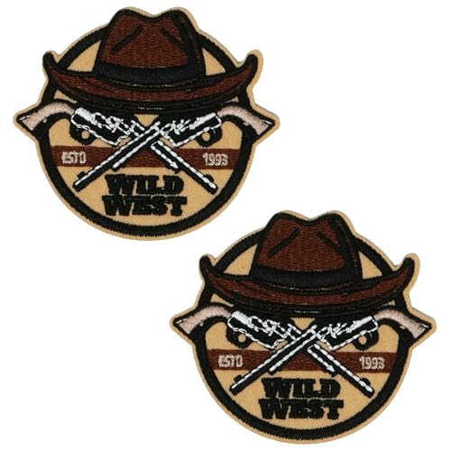Aufnäher zum Aufbügeln, Motiv: Wilder Westen Pistolen, Cowboyhut und gekreuzte Waffen, bestickt, 7 x 6 cm, Applikation für Jacken, Westen, Rucksäcke, Western-Kostüme und Heimwerker, 2 Stück Aufnäher zum Aufbügeln, Motiv: Wilder Westen Pistolen, Cowboyhut und gekreuzte Waffen, bestickt, 7 x 6 cm, Applikation für Jacken, Westen, Rucksäcke, Western-Kostüme und Heimwerker, 2 Stück von Panda Loco