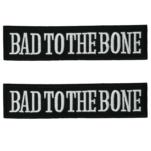 Bad to the Bone Bügelbild, 13 x 3 cm, Schwarz & Weiß, Biker, bestickt, Banner, Applikation, Bold Attitude Patch für Jacken, Westen, Denim & DIY-Kleidung, 2 Stück Bad to the Bone Bügelbild, 13 x 3 cm, Schwarz & Weiß, Biker, bestickt, Banner, Applikation, Bold Attitude Patch für Jacken, Westen, Denim & DIY-Kleidung, 2 Stück von Panda Loco