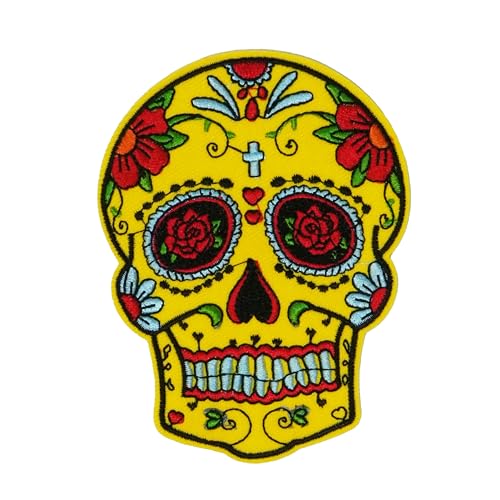 Mexikanischer Sugar Skull Patch – Gelber Tag der Toten bestickte Bügelapplikation (8 x 10 cm) – lebendiger Día de Los Muertos Totenkopf mit Blumen- und Herzdetails von Panda Loco