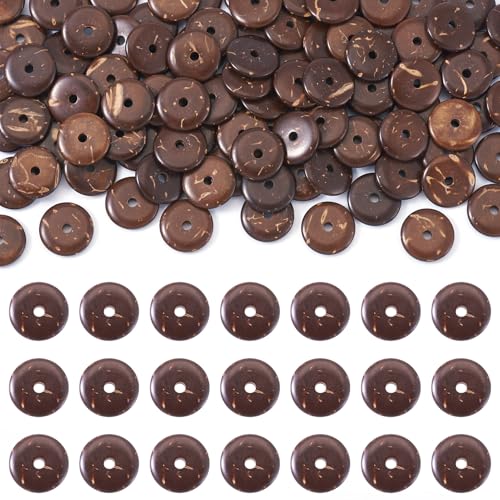PandaHall 100 Stück flache runde braune Kokosnuss-Perlen, 10 mm Durchmesser, 2 mm dick, Rondelle-Scheibe, lose Perlen für Ohrringe, Armbänder, Halsketten, Schmuckherstellung von PandaHall
