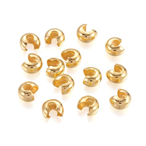 PandaHall 100 Stück halbrunde offene Crimpperlen-Abdeckungen, 4 mm, goldenes Messing, Crimp-Abdeckung, Klemmspitzen, Knotenabdeckung, Findings für Armband, Halskette, Schmuckherstellung von PandaHall