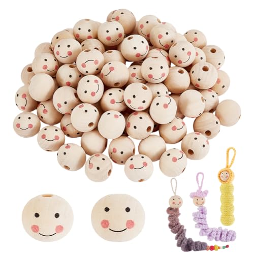 PandaHall Lächeln Gesicht Holzperle 100pcs Natürliche Holz Perlen Runde 19mm Smile Face Ball für Schlüsselanhänger Häkeln Weben Engel Handwerk Makramee DIY Schmuck von PH PandaHall