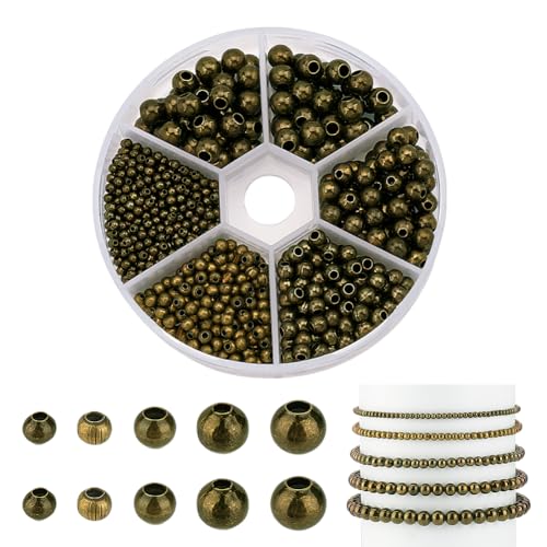 PandaHall 1190pcs Messing Abstandsperlen 5-Größen Glatte runde Perlen Antike Bronze Tiny Abstandsperlen Lose Perlen Rondelle Metall Abstandshalter Für Armband Halskette Schmuck Herstellung(2.4~6mm) von PandaHall
