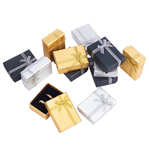 PandaHall 12 Stk. 7x5x2,5 cm Schmuckschatullen aus Pappe Papier Geschenkboxen mit Schleifenband für Ohrringe Schmuckringe Anhänger Halsketten Armband Verpackungsbox, Golden/Silber/Schwarz von PH PandaHall