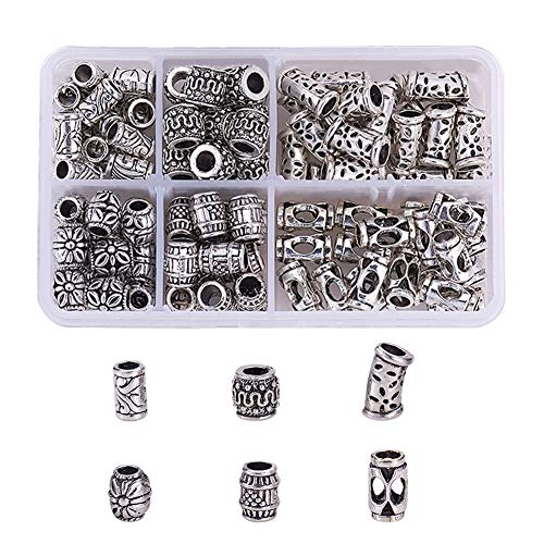 PandaHall 120pcs Tibetische Stil Legierung Großes Loch Lose Perlen 6-Stile Europäische Säule Barrel Perlen Antike Silber Europäische Perlen für Haar Bart Flechten DIY Schmuck Handwerk, Loch 4.5~5mm von PH PandaHall
