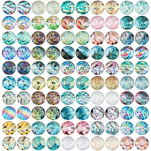 PandaHall 12mm Muschelglas-Cabochons, 100 Stück Gemischte Ozean-Küsten-Fliesen, Seesterne, Muscheln, Mosaik, Bedruckte Bildfliesen, Halbrunde Kuppel, Cabochons Für Hawaii, Sommer, Schmuckherstellung von PH PandaHall