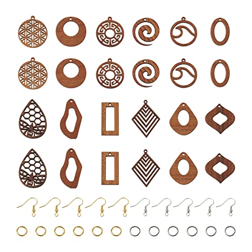 PandaHall 144 Stück DIY Geometrie Tropfen Ohrringe Making Kit einschließlich Rhombus Tropfen Natur Walnussholz Anhänger Charms Messing Ohrring Haken Biegeringe von PandaHall