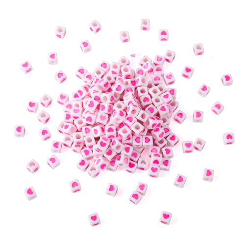 PandaHall 200 Stück Würfel Acryl Herz Perlen großes Loch weiß quadratisch mit rosa Herz Abstandshalter lose Perlen 7x7mm Mini Europäische Perlen für Handwerk Schmuck Halsketten Armbänder Herstellung von PH PandaHall