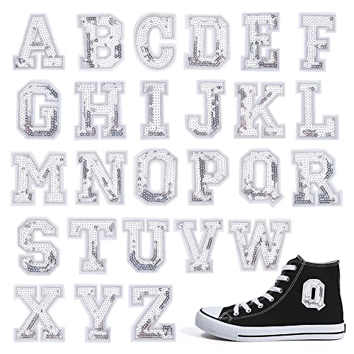 PandaHall 28 Stück Silberne Pailletten-Buchstaben-Patches, 5 cm/1.97 Zoll AZ Alphabet Aufnäher Zum Aufbügeln, Glitzerapplikationen, Stoff, Dekorative Aufnäher Für Hüte, Taschen, Jacken, Bastelbedarf von PH PandaHall