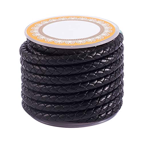 PandaHall Geflochtene Lederschnur, 3,5 m, 6 mm, schwarz, rund, Echtlederband für DIY-Armbänder, Halsketten, Schmuckherstellung von PH PandaHall