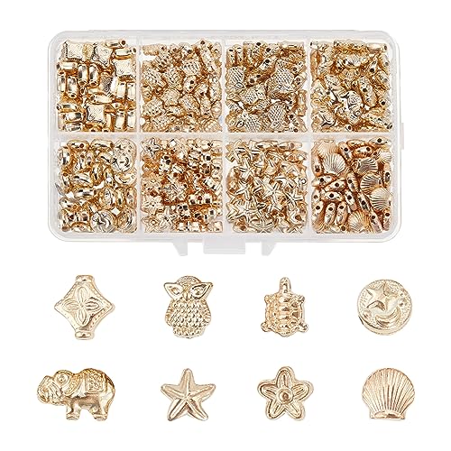 PH PandaHall 300 Stück Goldene Abstandsperlen Im 8 Stil Flache Runde Mond Stern Kunststoffperlen Gemischte Tier Seestern Schildkröten Abstandsperlen für DIY Schmuckherstellung, Partys, Feiertage von PH PandaHall