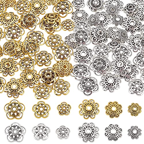 PandaHall 360 Stück Blumenperlenkappen 2 Form Endkappen Aus Tibetischer Legierung Antikes Goldenes Silber Abstandshalter Perlenkappen 8/10/12 mm Schmuck-Abstandskappen Für Schmuck Ohrringe Armbänder von PH PandaHall