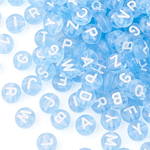 PandaHall 370 Stück transparente Acryl-Alphabet-Perlen 7 mm flache runde Münze A-Z Buchstabenperlen kornblau glatte Abstandshalter lose Perlen für Armband, zufällige gemischte Buchstaben von PH PandaHall