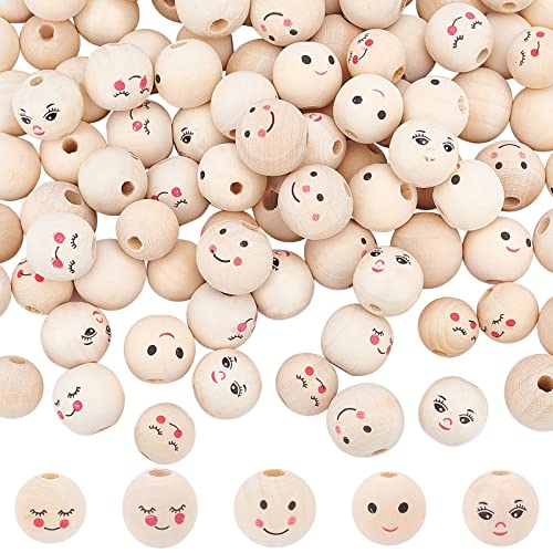 PandaHall 5 Stile Holzperlen mit Gesicht, 100 Stück Puppenkopfperlen 15~18mm Runde Perlen Smile Face Lose Perlen Für Armband Benutzen Makramee von PH PandaHall