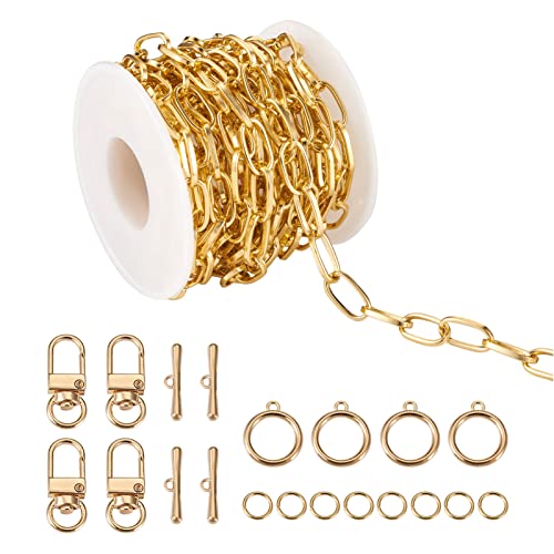 PandaHall 5 m Aluminium-Büroklammer-Ketten, hellgoldfarben, ovale Gliederkette mit drehbaren Karabinerverschluss, für Halsketten, Schmuckherstellung von PandaHall