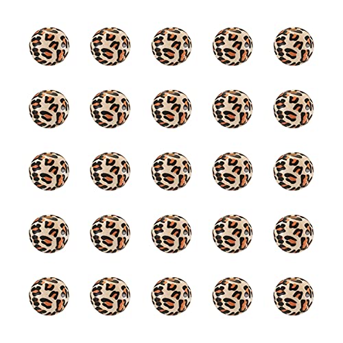 PandaHall 50 Stück bedruckte runde Holzperlen mit Leoparden-Patte, 13 x 12 mm, großes Loch, natürliche Holz-Abstandshalter, lose Perlen für Makramee-Handwerk, DIY-Schmuckherstellung, Loch: 3 mm von PH PandaHall