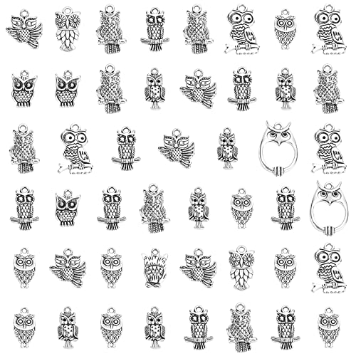 PandaHall 50pcs Mixed Style Antike Silber Tibetische Legierung Eule Anhänger Tier Charms Anhänger Perlen Charms für Halloween DIY Armband Halskette Schmuck Herstellung von PandaHall