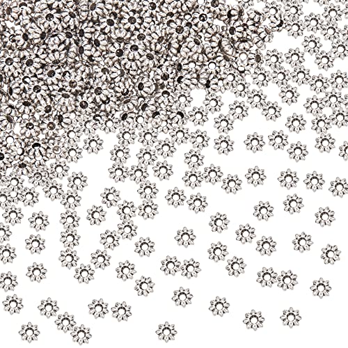 PandaHall 600 Stück Blume Zwischenperlen, Blumen Lose Perlen Gänseblümchen Metall Abstandshalter 5.5x2 mm Großes Loch Metallperlen Antik Silber Blütenblatt Perlen Für Ohrring Armband Halskette von PH PandaHall