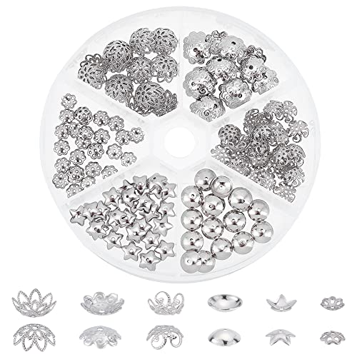 PandaHall Elite 180 Stück 304 Edelstahl Blume Perlenkappen für Schmuckherstellung, Edelstahl Farbe, 6 Arten von PandaHall