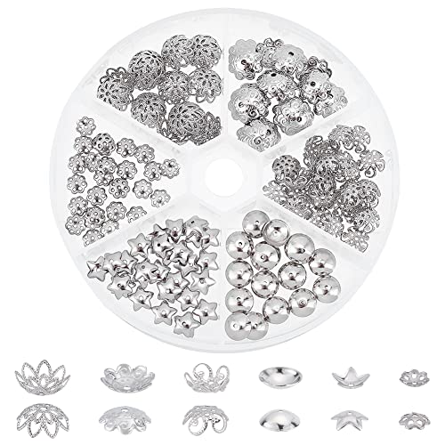 PandaHall 180pcs 304 Edelstahl Bead Cap 6-Stile Muiti-Petal Runde Filigrane Blume Cup Form Bead Abstandsperlen für Ohrring Armband Halskette Schmuckherstellung von PH PandaHall