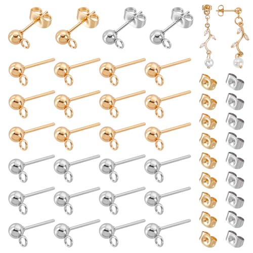 PH PandaHall 40Pcs 304 Edelstahl Ohrstecker, Ohrring Studs Flache Rückseite Ohrringe Ohr Pin Ball Post mit Schleife Schmetterling Ohrring Backs Ohrring Findings für DIY Schmuckherstellung, Gold/Silber von PH PandaHall