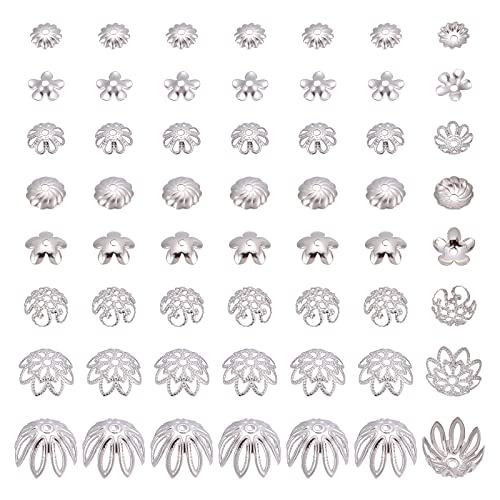PandaHall Flower Bead Cap 240 Stück 8 Stile Edelstahl Perlenkappe Bails End Charm Caps Filigrane Endkappen Muiti-Petal Bead Caps Spacer Beads Für Ohrringe Armbänder Halsketten Schmuck DIY Craft von PH PandaHall