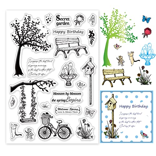 PandaHall Frühlingsblumen Durchsichtige Stempel, Schmetterling-Silikon-Stempel Fahrrad Baum Worte Stempel Frühling Wandern Gummistempel für Kartenherstellung Dekoration DIY Scrapbooking von PH PandaHall