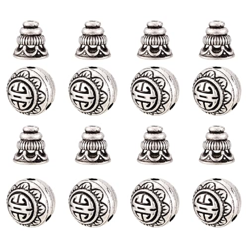 PandaHall Guru-Perlen mit 3 Löchern, 10 mm, Antiksilber, Buddha-Kopf-Perlen, Kappe für Schmuckherstellung, 10 Sets von PandaHall