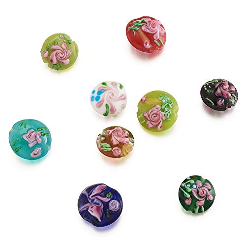 PandaHall handgefertigte flache runde Lampwork-Glasperlen mit Blumen-Abstandshalter, lose Perlen für Armbänder, Halsketten, Schmuckherstellung, Basteln, zufällige gemischte Farben, 24 Stück von PH PandaHall