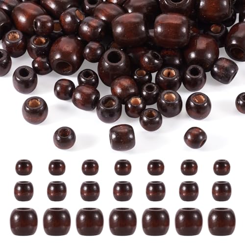 PandaHall Holzperlen mit großem Loch, 3 Stile, Kokosbraun, Rondelle & Fass, Naturholz, Abstandshalter, lose Perlen für Makramee-Armband, Halskette, Schmuckherstellung, Loch: 4 ~ 8 mm, 300 Stück von PandaHall