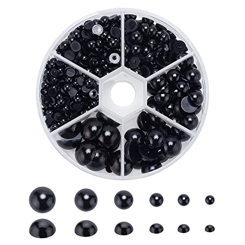 PandaHall Schwarze Perlen mit flacher Rückseite, 690 Stück halbrunde Perlen 6 Größen Perlen-Cabochon für DIY Scrapbook Handyhülle, Hochzeitsdeko Haarnagel Zubehör Puppenauge, 4/5/6/8/10/12 mm von PH PandaHall