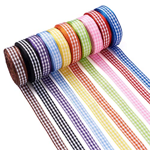 Pandahall 10 Rollen Gingham-Band, 1 cm x 9 m, gemischte Farben, Drahtrand, Karomuster, für Haarschleifen, Nähen, Geschenkverpackungen, Hochzeit, Urlaub, Party-Dekoration von PH PandaHall