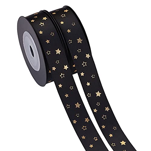 PandaHall 2 Rollen 20 Meter Stern-bedrucktes Satinband, 1,6 cm breit, schwarzes dekoratives Band mit Goldfolie für Geschenkverpackungen, handgefertigt, Handwerk, Party, Hochzeitsdekoration von PH PandaHall