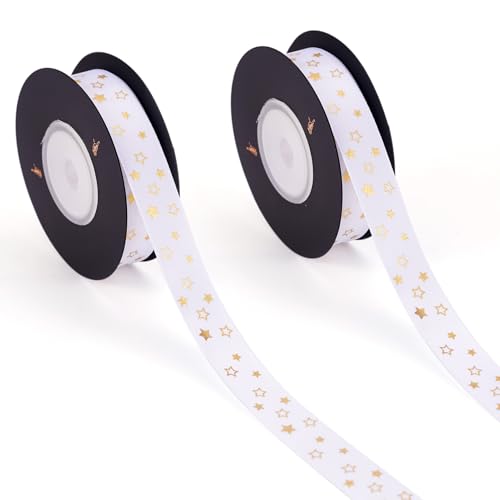 Pandahall 2 Rollen 20 Meter Stern bedrucktes Satinband 1,5 cm breit weißes Dekoband mit Goldfolie für Geschenkverpackungen, Handarbeit, Party, Hochzeit, Dekoration Pandahall 2 Rollen 20 Meter Stern bedrucktes Satinband 1,5 cm breit weißes Dekoband mit Goldfolie für Geschenkverpackungen, Handarbeit, Party, Hochzeit, Dekoration von PandaHall