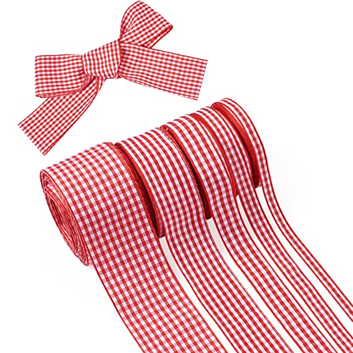 Pandahall 5 Rollen Gingham-Band, rot und weiß kariert, Polyesterband, Picknickband, Weihnachtsband, für Schleifen, Nähen, Geschenkverpackungen, Hochzeit, Brautparty von PandaHall