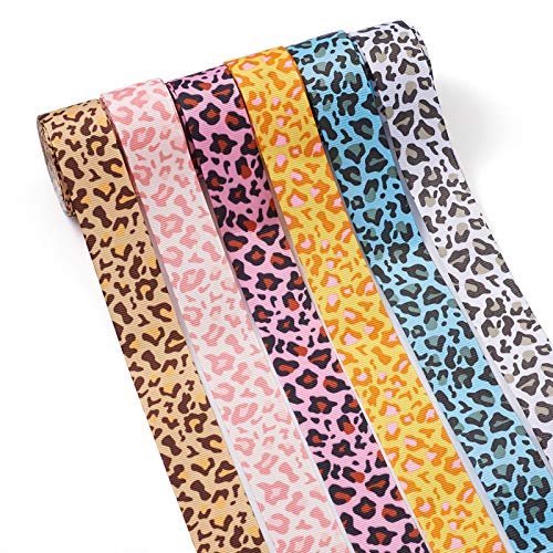 Pandahall 6 Rollen Ripsband mit Leopardenmuster, 2,5 cm breit, Tier-/Geparden-Druck, Bastelband für Haarbänder, Haarschleifen, Geschenkverpackungen, Nähen, Basteln (6 Farben, 4,5 Meter/Rolle) von PandaHall