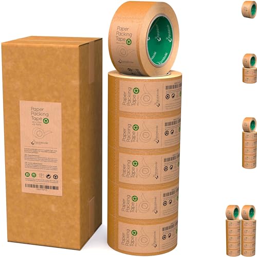 Pandabode Papierklebeband Starkes, gut haftendes, recycelbares, braunes Paketklebeband papier Eco Essentials | Umweltgerecht | Klebeband für Pakete, Umzug uvm | 1/3/6/12/36 Stück | 50M Rollen von Pandabode