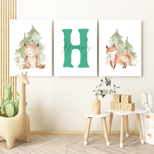 Pandawal® personalisierte Bilder Kinderzimmer Babyzimmer Waldtiere Deko Poster Set 3er Tiere für Kinder Junge I Mädchen mit Name von Pandawal